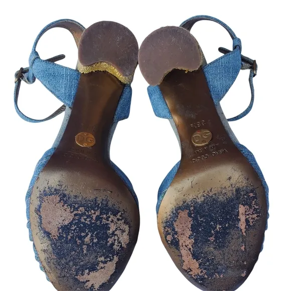 Dolce &amp; Gabbana Blue Denim Espadrille Style Peep Toe Heel Sandals w/Ankle Strap