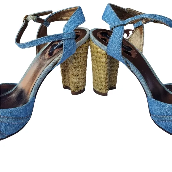 Dolce &amp; Gabbana Blue Denim Espadrille Style Peep Toe Heel Sandals w/Ankle Strap
