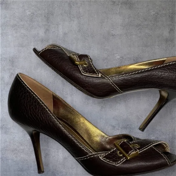 Dolce &amp; Gabbana Brown Leather Peep Toe Buckle Heels Size 38 or US 7.5