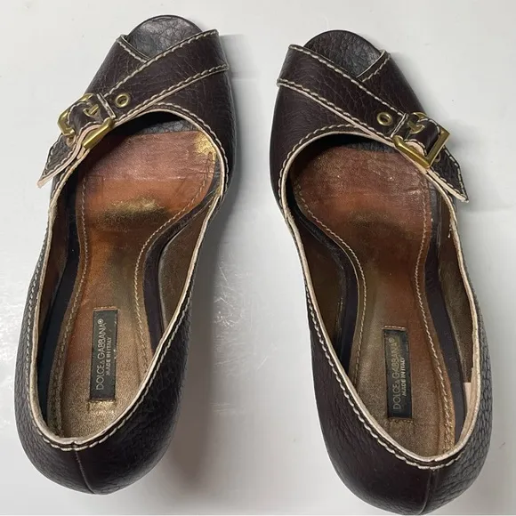 Dolce &amp; Gabbana Brown Leather Peep Toe Buckle Heels Size 38 or US 7.5