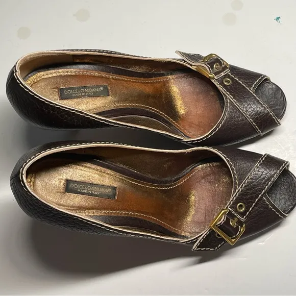 Dolce &amp; Gabbana Brown Leather Peep Toe Buckle Heels Size 38 or US 7.5