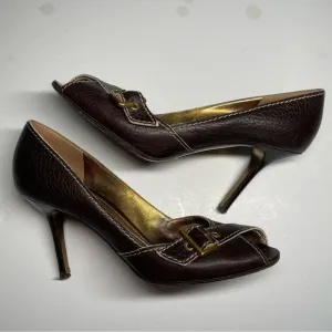 Dolce &amp; Gabbana Brown Leather Peep Toe Buckle Heels Size 38 or US 7.5