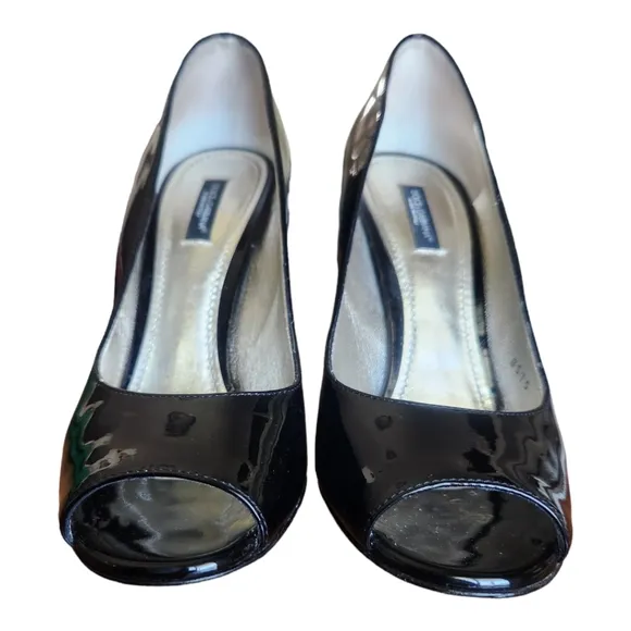 Dolce &amp; Gabbana Patent Stiletto Heels 8.5 / 38.5 Black Peep Toe Women Pumps 8575