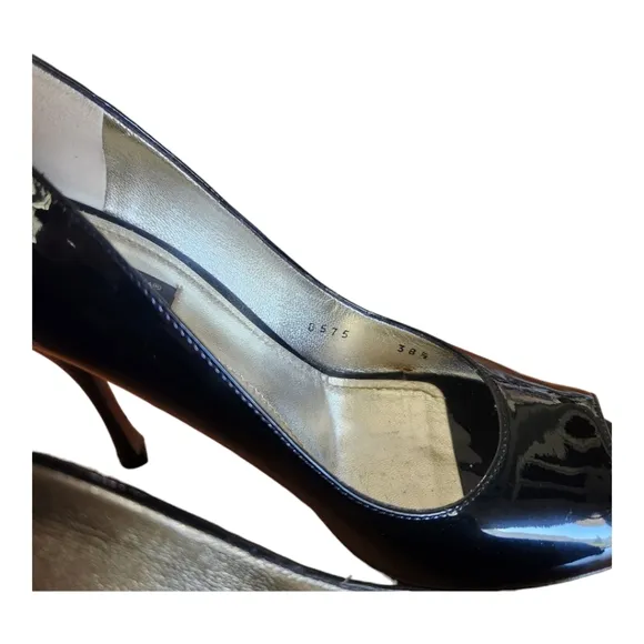 Dolce &amp; Gabbana Patent Stiletto Heels 8.5 / 38.5 Black Peep Toe Women Pumps 8575
