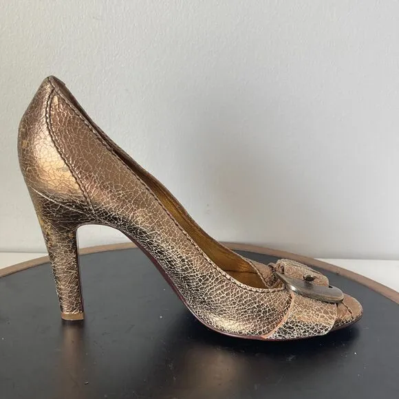 Dolce &amp; Gabbana Pumps Heels Size 40 Metallic Crackled Leather Peep Toe
