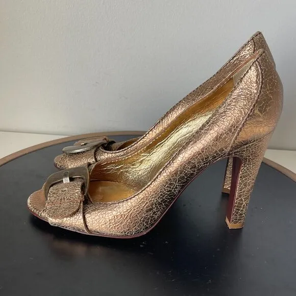 Dolce &amp; Gabbana Pumps Heels Size 40 Metallic Crackled Leather Peep Toe