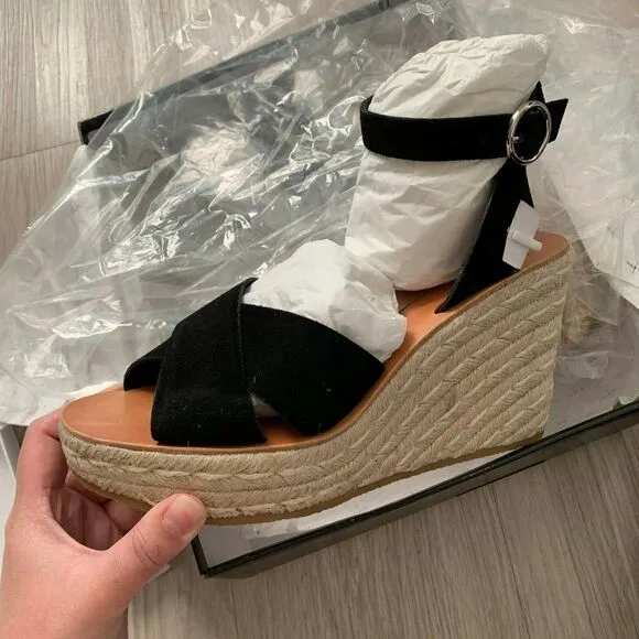 Dolce Vita 10 Sandals Pami Cross Band Espadrille Wedge Black Suede NIB Strappy