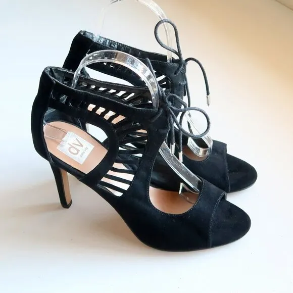 Dolce Vita Black Suede Leather Peep Toe Cutout Heeled Lace-up Bootie Shoes 8.5