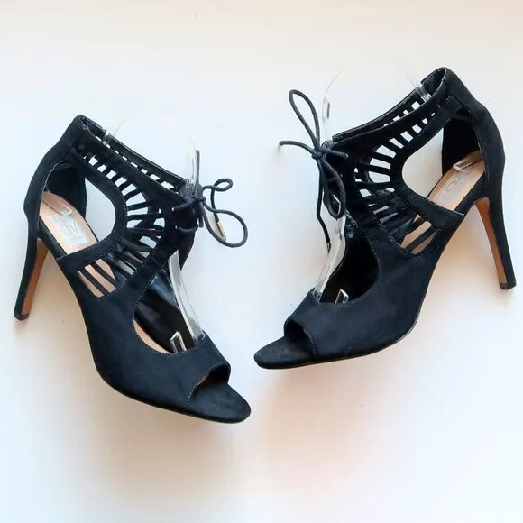 Dolce Vita Black Suede Leather Peep Toe Cutout Heeled Lace-up Bootie Shoes 8.5