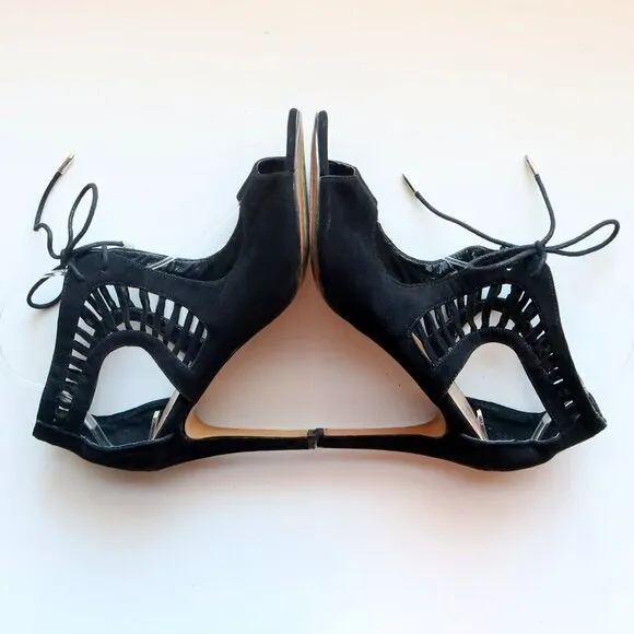 Dolce Vita Black Suede Leather Peep Toe Cutout Heeled Lace-up Bootie Shoes 8.5
