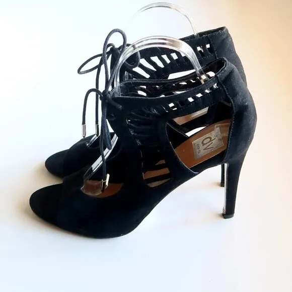 Dolce Vita Black Suede Leather Peep Toe Cutout Heeled Lace-up Bootie Shoes 8.5