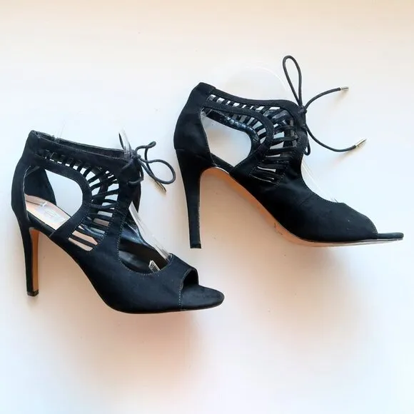 Dolce Vita Black Suede Leather Peep Toe Cutout Heeled Lace-up Bootie Shoes 8.5