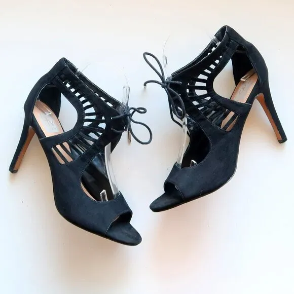 Dolce Vita Black Suede Leather Peep Toe Cutout Heeled Lace-up Bootie Shoes 8.5
