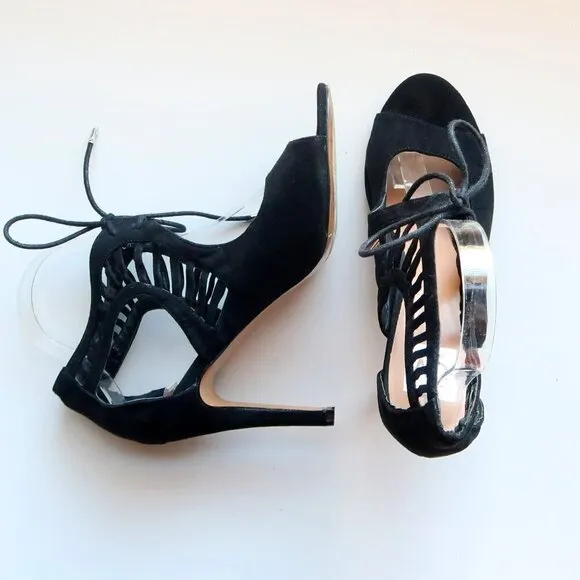 Dolce Vita Black Suede Leather Peep Toe Cutout Heeled Lace-up Bootie Shoes 8.5