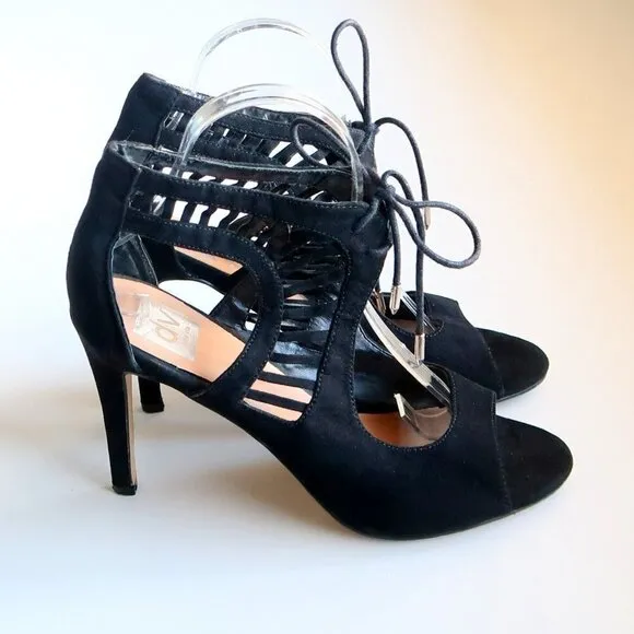 Dolce Vita Black Suede Leather Peep Toe Cutout Heeled Lace-up Bootie Shoes 8.5