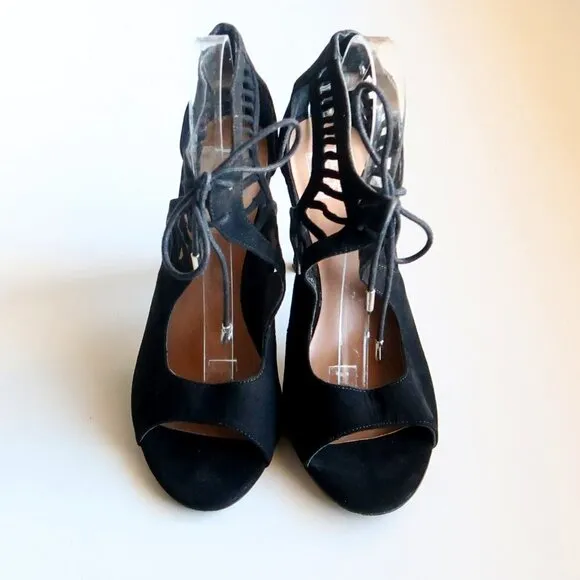 Dolce Vita Black Suede Leather Peep Toe Cutout Heeled Lace-up Bootie Shoes 8.5
