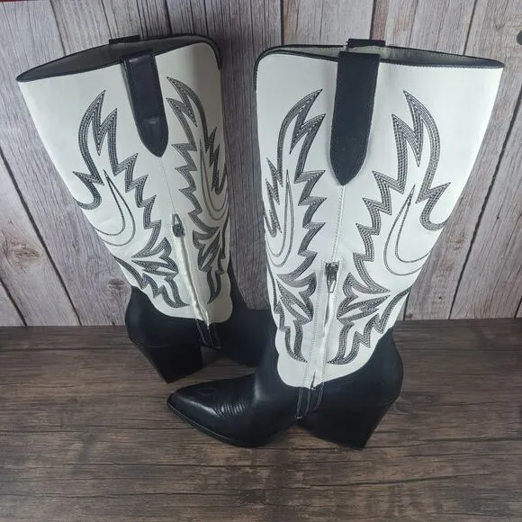 Dolce Vita Blanch Western Cowboy Boots Women's Sz 9.5 Black White 3&quot;Heel (GUC)