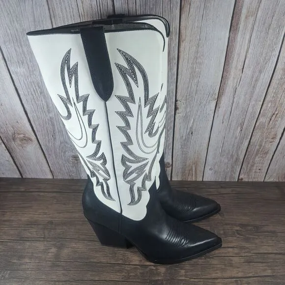 Dolce Vita Blanch Western Cowboy Boots Women's Sz 9.5 Black White 3&quot;Heel (GUC)