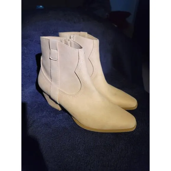 Dolce Vita Perdue Beige Faux Suede Minimalist Western Ankle Boots