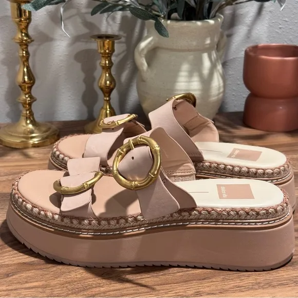 Dolce Vita Size 6.5 Tan Rysha Bamboo Buckle Espadrille Platform Wedge Sandals