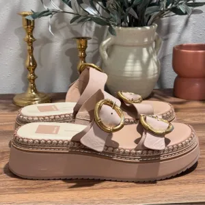 Dolce Vita Size 6.5 Tan Rysha Bamboo Buckle Espadrille Platform Wedge Sandals
