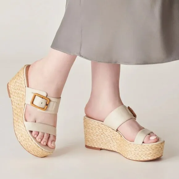 Dolce Vita Thorin Platform Wedge Heel Sandals Ivory Leather  4T2