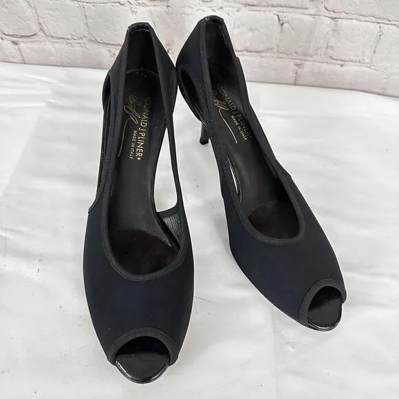 Donald J Pliner Black Peep-Toe Heels Italy Sheer Sides Size 8.5