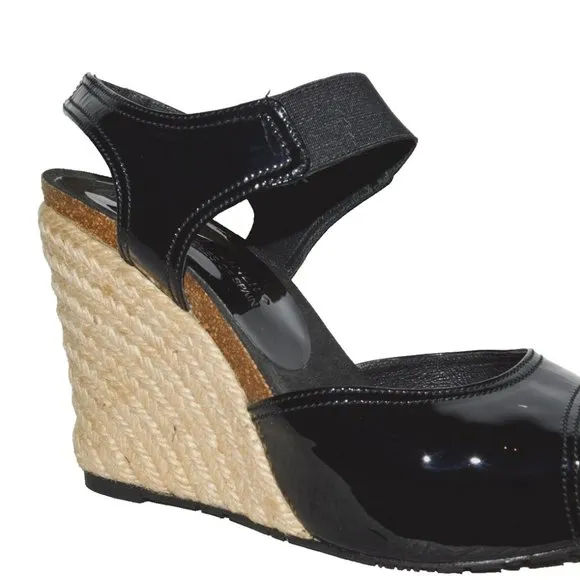 DONALD J PLINER GINNY 9 M BLACK PATENT LEATHER CORK PLATFORM ESPADRILLE SANDALS