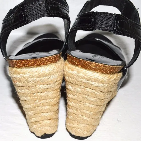 DONALD J PLINER GINNY 9 M BLACK PATENT LEATHER CORK PLATFORM ESPADRILLE SANDALS