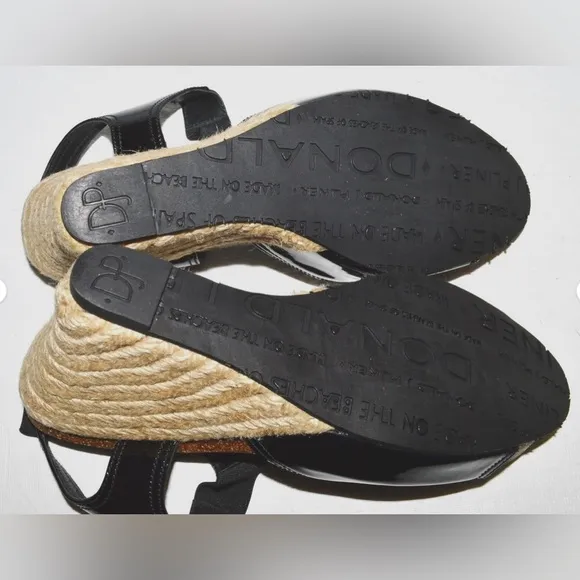 DONALD J PLINER GINNY 9 M BLACK PATENT LEATHER CORK PLATFORM ESPADRILLE SANDALS