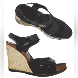DONALD J PLINER GINNY 9 M BLACK PATENT LEATHER CORK PLATFORM ESPADRILLE SANDALS