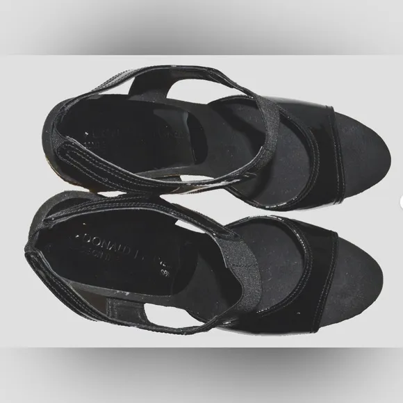 DONALD J PLINER GINNY 9 M BLACK PATENT LEATHER CORK PLATFORM ESPADRILLE SANDALS