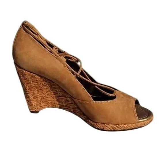 Donald Pliner Camel Suede Leather New Peep Toe Platform Wedges Shoes NWT $235