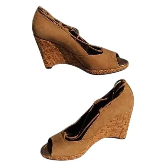 Donald Pliner Camel Suede Leather New Peep Toe Platform Wedges Shoes NWT $235