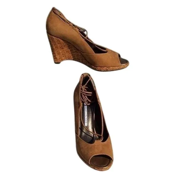 Donald Pliner Camel Suede Leather New Peep Toe Platform Wedges Shoes NWT $235