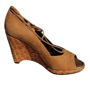 Donald Pliner Camel Suede Leather New Peep Toe Platform Wedges Shoes NWT $235
