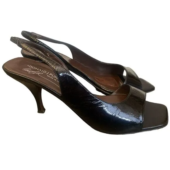 Donald Pliner Tusa Slingback Heels Size 9M Black Leather Open Peep Toe 3.5” Heel