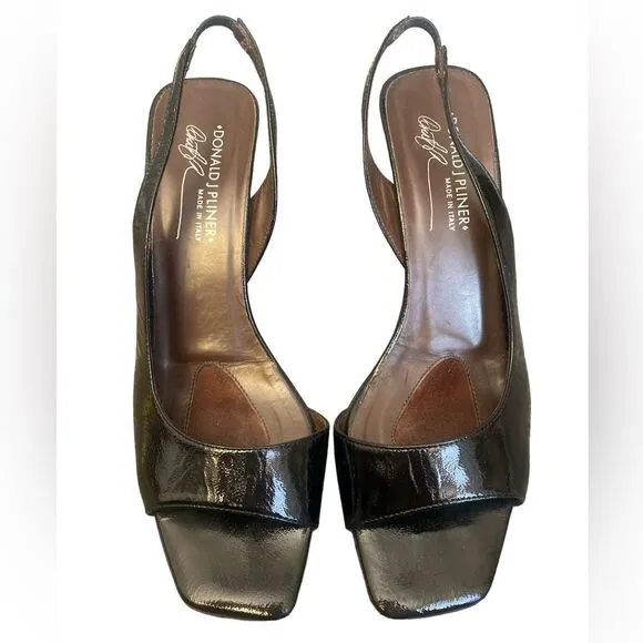 Donald Pliner Tusa Slingback Heels Size 9M Black Leather Open Peep Toe 3.5” Heel