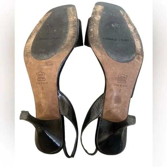 Donald Pliner Tusa Slingback Heels Size 9M Black Leather Open Peep Toe 3.5” Heel