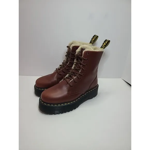 Dr Doc Martens JADON FL Women's 8.5 Leather Boots Platform Faux Fur Lined Brown