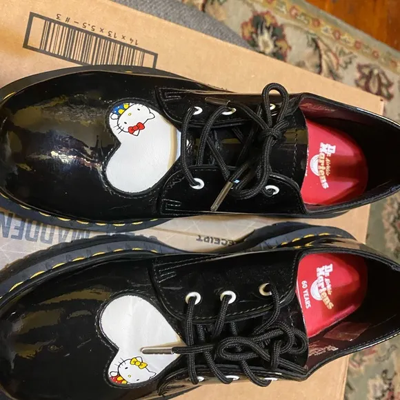 Dr. Martens Hello Kitty Black Patent Leather Black/White Platform Dress Shoes