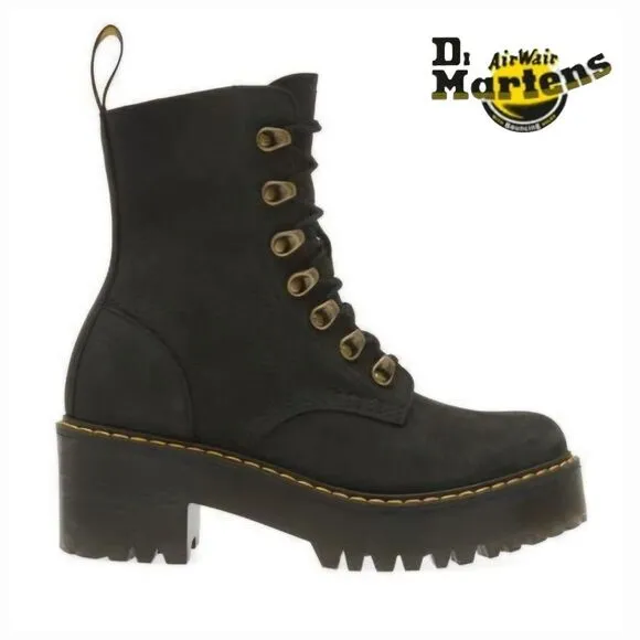 Dr. Martens Leona Women's Milled Nubuck Platform Combat Boots Black Size 8 NEW