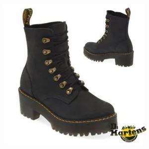 Dr. Martens Leona Women's Milled Nubuck Platform Combat Boots Black Size 8 NEW