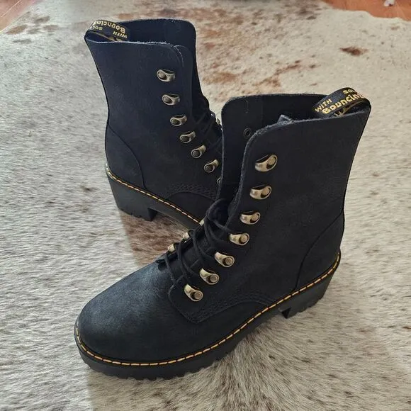 Dr. Martens Leona Women's Milled Nubuck Platform Combat Boots Black Size 8 NEW
