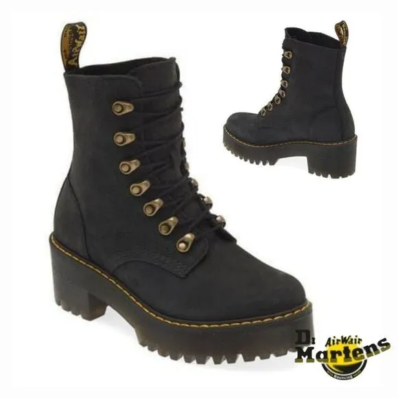 Dr. Martens Leona Women's Milled Nubuck Platform Combat Boots Black Size 8 NEW