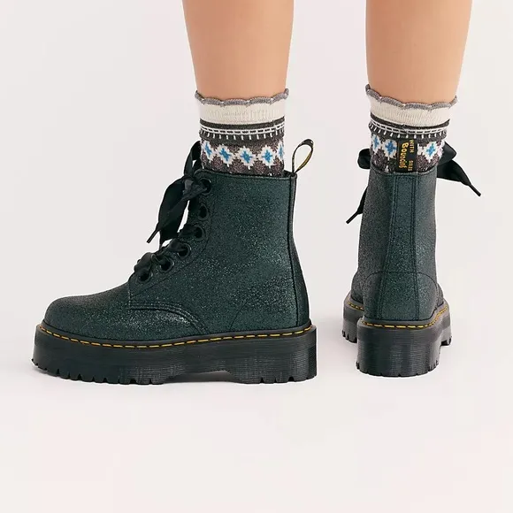 Dr. Martens Size 6 Molly Green Glitter Platform Boots Sparkle Ribbon Chunky