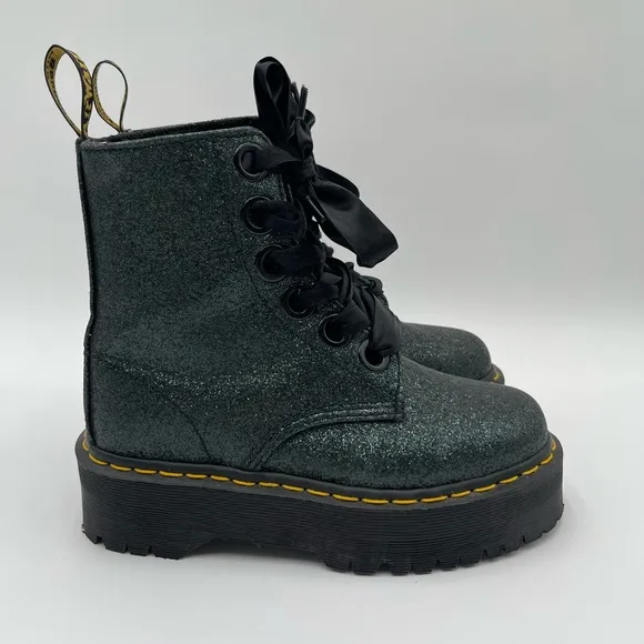Dr. Martens Size 6 Molly Green Glitter Platform Boots Sparkle Ribbon Chunky