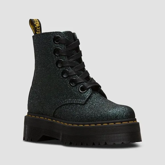 Dr. Martens Size 6 Molly Green Glitter Platform Boots Sparkle Ribbon Chunky