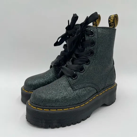 Dr. Martens Size 6 Molly Green Glitter Platform Boots Sparkle Ribbon Chunky