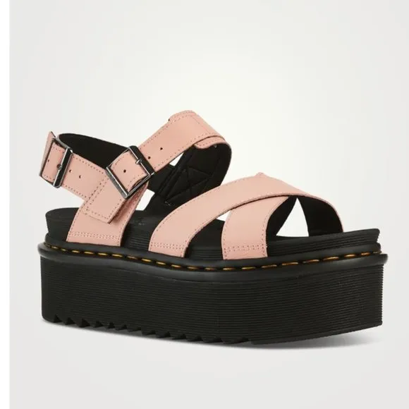 DR. MARTENS Voss II Quad Leather Platform Sandals Beige Pink